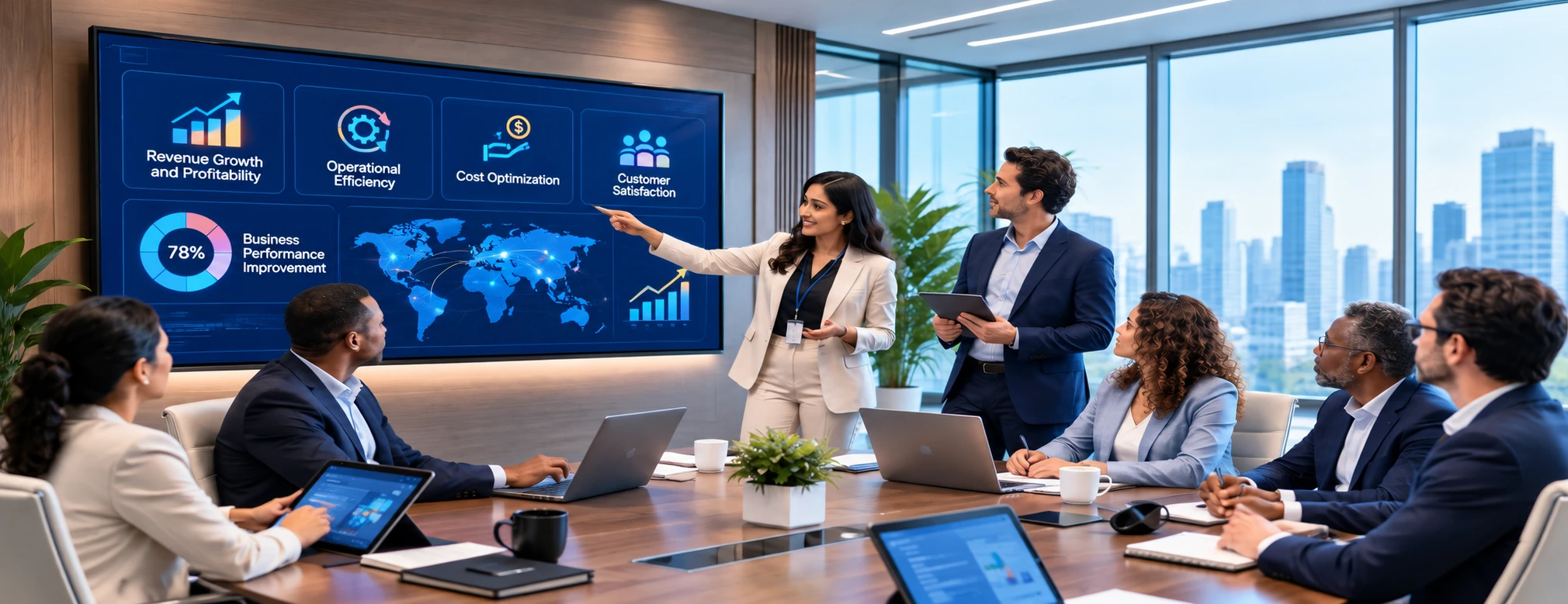 Business professionals reviewing digital transformation analytics